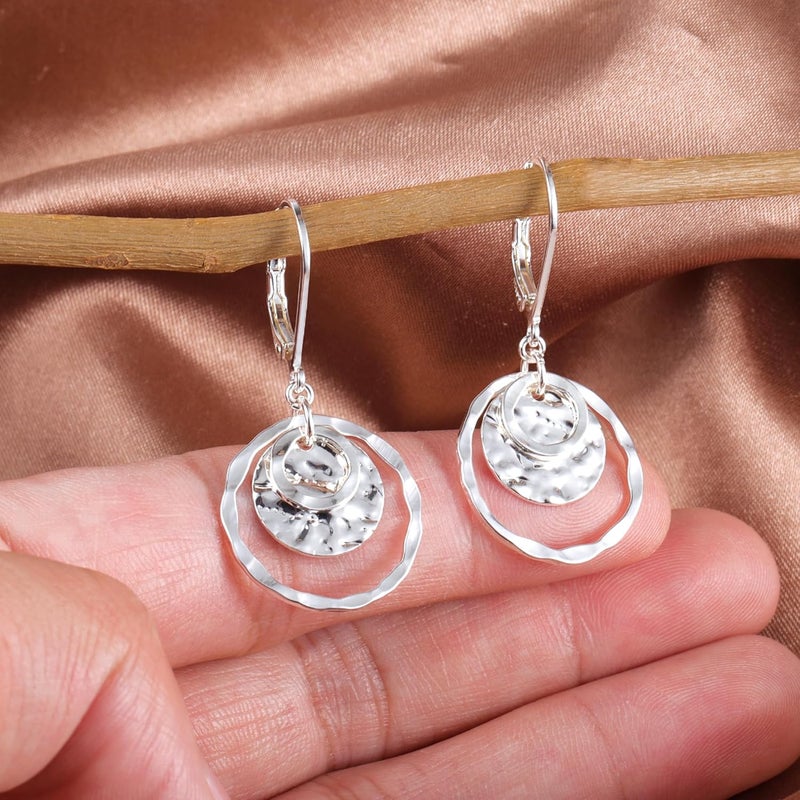 Lancharmed Sterling Silver Disc Leverback Earrings for Women Gold and Silver Circle Drop Dangle Earrings Jewelry Hypoallergenic Hammered Leverback Dangle Earrings for Gifts - Image 4